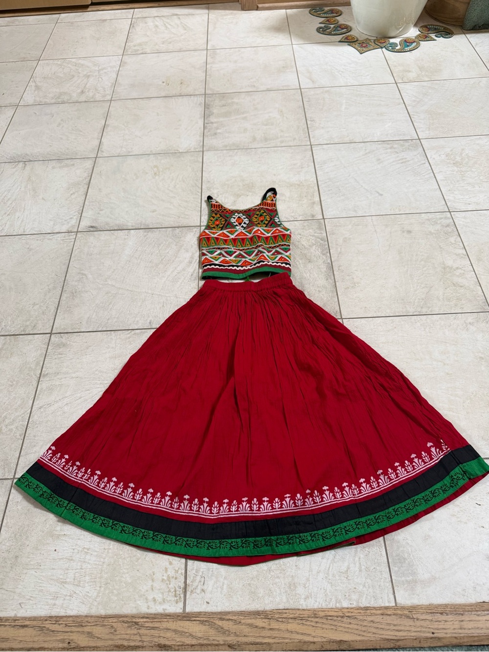 Kids Red Lehenga Set Vintage Festival Outfit 2PC Cotton Blouse Skirt